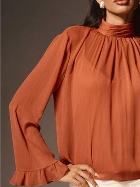 Anthropologie| Terra Cotta Chiffon High-Neck Ruffle Cuff Blouse Sz S